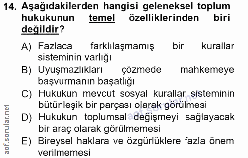 14. soru: Aşağıdakilerden hangisi geleneksel toplum hukukunun temel özelliklerinden biri değildir? A) Fazlaca farklılaşmamış bi…