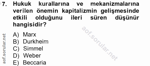 7. soru: Hukuk kurallarına ve mekanizmalarına verilen önemin kapitalizmin gelişmesinde etkili olduğunu ileri süren düşünür han…