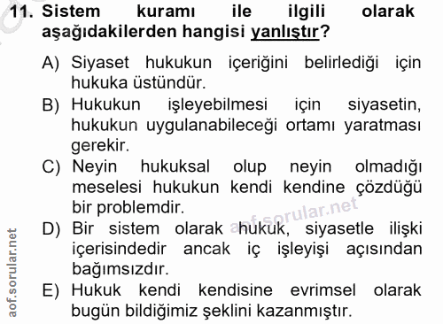 11. soru: Sistem kuramı ile ilgili olarak aşağıdakilerden hangisi yanlıştır? A) Siyaset hukukun içeriğini belirlediği için huku…