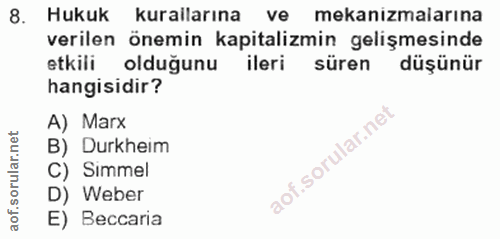 8. soru: Hukuk Kurallarına ve mekanizmalarına verilen önemin kapitalizmin gelişmesinde etkili oldugunu ileri süren düşünür han…
