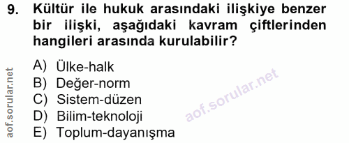 9. soru: Kültür ile hukuk arasındaki ilişkiye benzer bir ilişki, aşağıdaki kavram çiftlerinden hangileri arasında kurulabilir?…