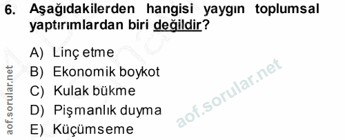 6. soru: Aşağıdakilerden hangisi yaygın toplumsal yaptırımlardan biri değildir? A) Linç etme B) Ekonomik boykot C) Kulak bükme…