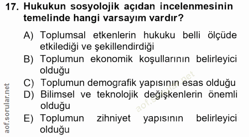 17. soru: Hukukun sosyolojik açıdan incelenmesinin temelinde hangi varsayım vardır? A) Toplumsal etkenlerin hukuku belli ölçüde…