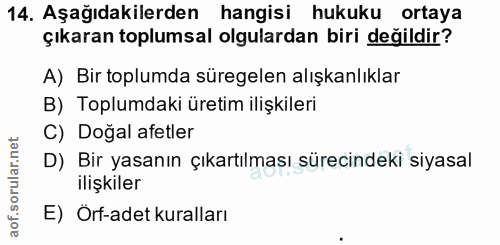 14. soru: Aşağıdakilerden hangisi hukuku ortaya çıkaran toplumsal olgulardan biri değildir? A) Bir toplumda süregelen alışkanlı…