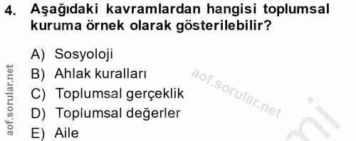 4. soru: Aşağıdaki kavramlardan hangisi toplumsal kuruma örnek olarak gösterilebilir? A) Sosyoloji B) Ahlak kuralları C) Toplu…