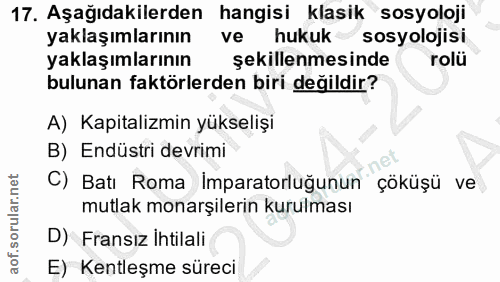 17. soru: Aşağıdakilerden hangisi klasik sosyoloji yaklaşımlarının ve hukuk sosyolojisi yaklaşımlarının şekillenmesinde rolü bu…