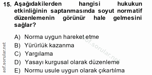 15. soru: Aşağıdakilerden hangisi hukukun etkinliğinin saptanmasında soyut normatif düzenlemenin görünür hale gelmesini sağlar?…