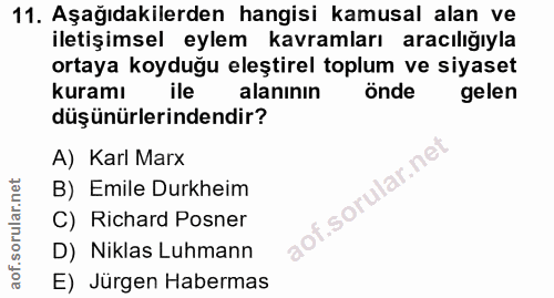 11. soru: Aşağıdakilerden hangisi kamusal alan ve iletişimsel eylem kavramları aracılığıyla ortaya koyduğu eleştirel toplum ve…
