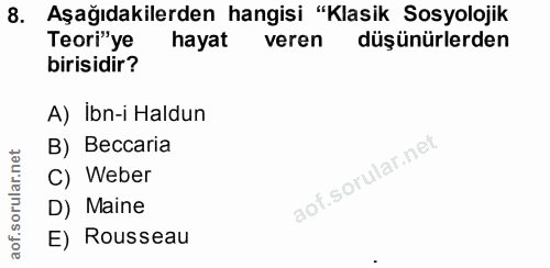 8. soru: Aşağıdakilerden hangisi "Klasik Sosyolojik Teori"ye hayat veren düşünürlerden birisidir? A) Ibn-i Haldun net B) Becca…