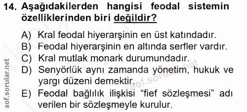 14. soru: Aşağıdakilerden hangisi feodal sistemin özelliklerinden biri değildir? A) Kral feodal hiyerarşinin en üst katındadır.…