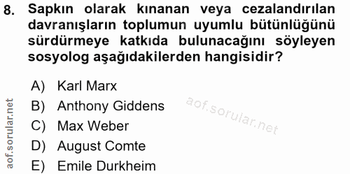 8. soru: Sapkın olarak kınanan veya cezalandırılan davranışların toplumun uyumlu bütünlüğünü sürdürmeye katkıda bulunacağını s…