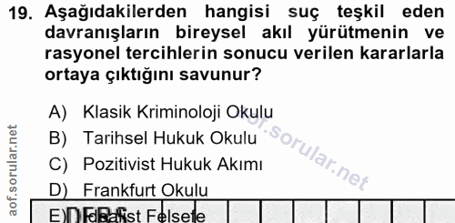19. soru: Aşağıdakilerden hangisi suç teşkil eden davranışların bireysel akıl yürütmenin ve rasyonel tercihlerin sonucu verilen…