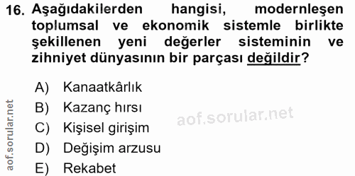 16. soru: Aşağıdakilerden hangisi, modernleşen toplumsal ve ekonomik sistemle birlikte şekillenen yeni değerler sisteminin ve z…
