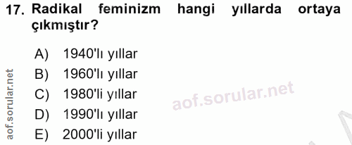 17. soru: Radikal feminizm hangi yıllarda ortaya çıkmıştır? A) 1940'li yıllar B) 1960'lı yıllar C) 1980 li yıllar D) 1990'lı yı…