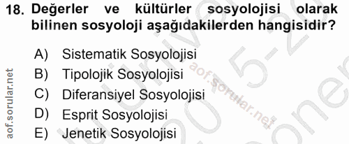 18. soru: Değerler ve kültürler sosyolojisi olarak bilinen sosyoloji aşağıdakilerden hangisidir? A) Sistematik Sosyolojisi B) T…