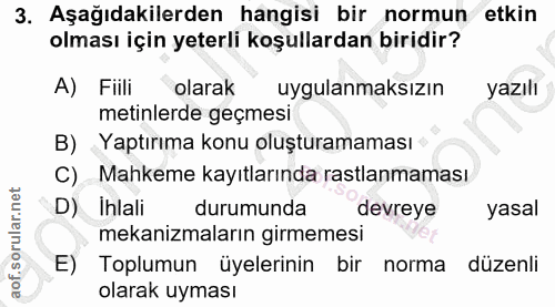 3. soru: Aşağıdakilerden hangisi bir normun etkin olması için yeterli koşullardan biridir? A) Fiili olarak uygulanmaksızın yaz…