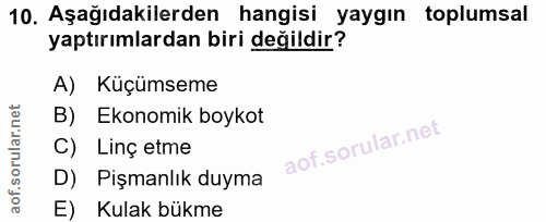 10. soru: Aşağıdakilerden hangisi yaygın toplumsal yaptırımlardan biri değildir? A) Küçümseme B) / Ekonomik boykot C) Linç etme…