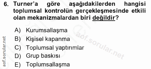 6. soru: Turner'a göre aşağıdakilerden hangisi toplumsal kontrolün gerçekleşmesinde etkili olan mekanizmalardan biri değildir?…