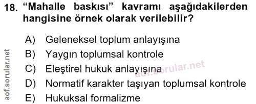 18. soru: "Mahalle baskısı" kavramı aşağıdakilerden hangisine örnek olarak verilebilir? A) Geleneksel toplum anlayışına B) Yayg…