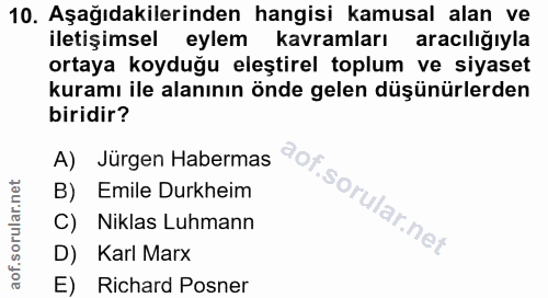 10. soru: Aşağıdakilerinden hangisi kamusal alan ve iletişimsel eylem kavramları aracılığıyla ortaya koyduğu eleştirel toplum v…