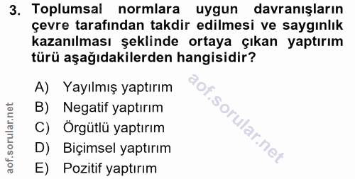 3. soru: Toplumsal normlara uygun davranışların çevre tarafından takdir edilmesi ve saygınlık kazanılması şeklinde ortaya çıka…