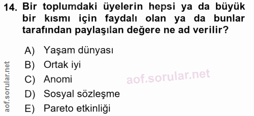 14. soru: Bir toplumdaki üyelerin hepsi ya da büyük bir kısmı için faydalı olan ya da bunlar tarafından paylaşılan değere ne ad…