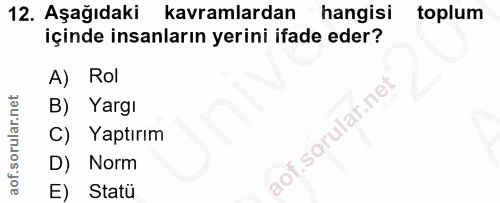 12. soru: Aşağıdaki kavramlardan hangisi toplum içinde insanların yerini ifade eder? A) Rol B) Yargı C) Yaptırım D) Norm E) Statü