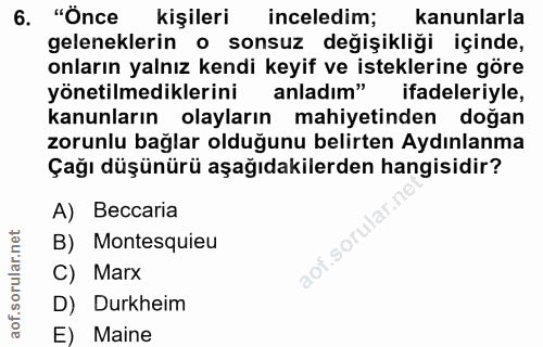 6. soru: "Once kişileri inceledim; kanunlarla geleneklerin o sonsuz değişikliği içinde, onların yalnız kendi keyif ve istekler…