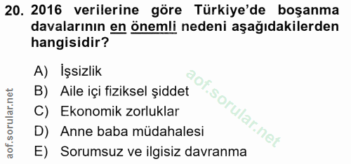 20. soru: 2016 verilerine göre Türkiye'de boşanma davalarının en önemli nedeni aşağıdakilerden hangisidir? A) İşsizlik B) Aile…