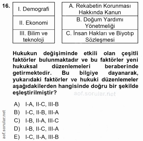 16. soru: 1. Demografi A. Rekabetin Korunması Hakkında Kanun II. Ekonomi B. Doğum Yardımı Yönetmeliği IlI. Bilim ve C. Insan Ha…