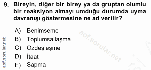 9. soru: Bireyin, diğer bir birey ya da gruptan olumlu bir reaksiyon almayı umduğu durumda uyma davranışı göstermesine ne ad v…