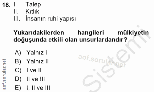 18. soru: I. Talep Il. Kıtlık III. İnsanın ruhi yapısı Yukarıdakilerden hangileri mülkiyetin doğuşunda etkili olan unsurlardand…