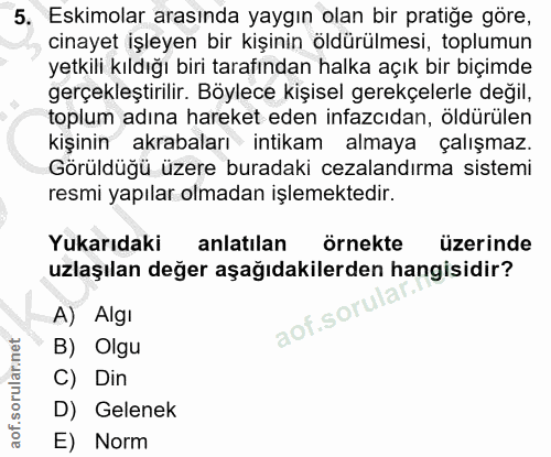 5. soru: Eskimolar arasında yaygın olan bir pratiğe göre, cinayet işleyen bir kişinin öldürülmesi, toplumun yetkili kıldığı bi…