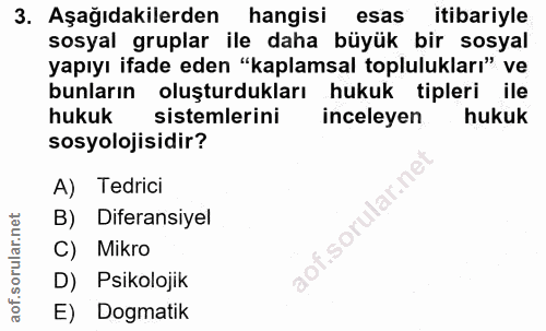 3. soru: Aşağıdakilerden hangisi esas itibariyle sosyal gruplar ile daha büyük bir sosyal yapıyı ifade eden "kaplamsal toplulu…