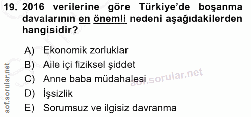 19. soru: 2016 verilerine göre Türkiye'de boşanma davalarının en önemli nedeni aşağıdakilerden hangisidir? A) Ekonomik zorlukla…