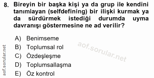 8. soru: Bireyin bir başka kişi ya da grup ile kendini tanımlayan (selfdefining) bir ilişki kurmak ya da sürdürmek istediği du…