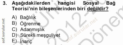 3. soru: Aşağıdakilerden hangisi Sosyal Bağ Teorisi'nin bileşenlerinden biri değildir? A) Bağlılık B) Öğrenme C) Adanmışlık lö…
