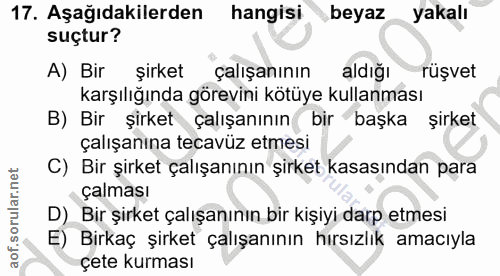 17. soru: Aşağıdakilerden hangisi beyaz yakalı suçtur? A) Bir şirket çalışanının aldığı rüşvet karşılığında görevini kötüye kul…