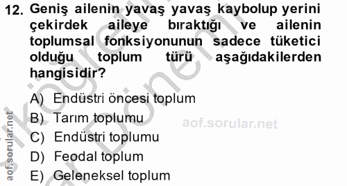12. soru: Geniş ailenin yavaş yavaş kaybolup yerini çekirdek aileye bıraktığı ve ailenin toplumsal fonksiyonunun sadece tüketic…