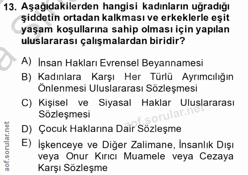 13. soru: Aşağıdakilerden hangisi kadınların uğradığı şiddetin ortadan kalkması ve erkeklerle eşit yaşam koşullarına sahip olma…