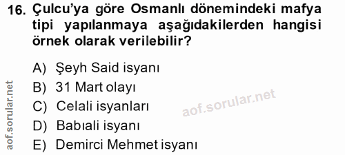 16. soru: Çulu'ya göre Osmanlı dönemindeki mafya tipi yapılanmaya aşağıdakilerden hangisi örnek olarak verilebilir? A) Şeyh Sai…
