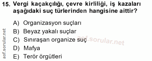 15. soru: Vergi kaçakçılığı, çevre kirliliği, iş kazaları aşağıdaki suç türlerinden hangisine aittir? A) Organizasyon suçları B…