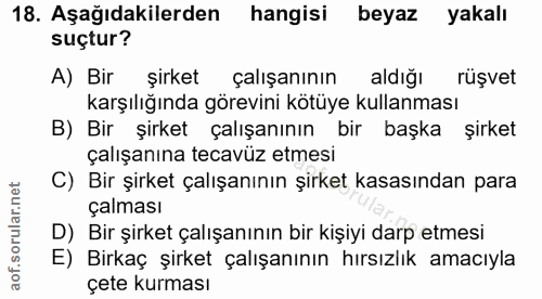 18. soru: Aşağıdakilerden hangisi beyaz yakalı suçtur? A) Bir şirket çalışanının aldığı rüşvet karşılığında görevini kötüye kul…