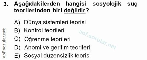 3. soru: Aşağıdakilerden hangisi sosyolojik suç teorilerinden biri değildir? A) Dünya sistemleri teorisi B) Kontrol teorileri…
