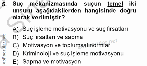 5. soru: Suç mekanizmasında suçun temel iki unsuru aşağıdakilerden hangisinde doğru olarak verilmiştir? A) Suç işleme motivasy…