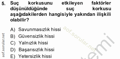 5. soru: Suc korkusunu etkileyen faktörler düşünüldüğünde suç korkusu aşağıdakilerden hangisiyle yakından ilişkili olabilir? A…