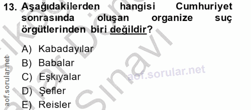 13. soru: Aşağıdakilerden hangisi Cumhuriyet sonrasında oluşan organize suç örgütlerinden biri değildir? A) Kabadayılar B) Baba…