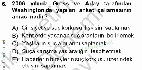 6. soru: 2006 yılında Gross ve Aday tarafından Washington'da yapılan anket çalışmasının amacı nedir? A) Cinsiyet ve suç korkus…