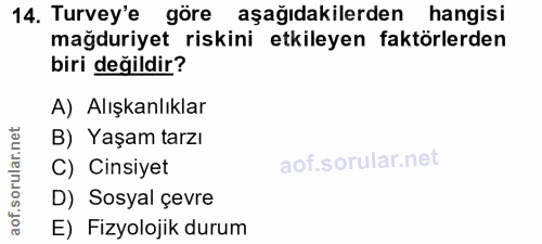 14. soru: Turvey'e göre aşağıdakilerden hangisi mağduriyet riskini etkileyen faktörlerden biri değildir? A) Alışkanlıklar B) Ya…