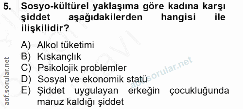 5. soru: Sosyo-kültürel yaklaşıma göre kadına karşı şiddet aşağıdakilerden hangisi ile ilişkilidir? A) Alkol tüketimi B) Kıska…